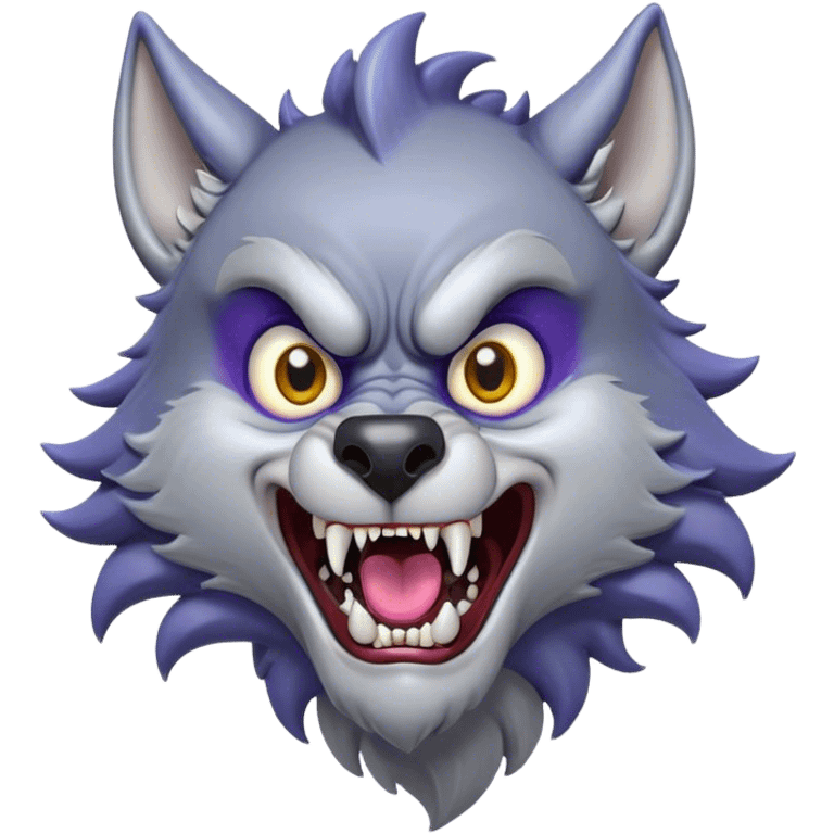 Cinematic Comical Werewolf Portrait Emoji, with a whimsically exaggerated lupine face in vivid moonlit grays and silvers, head cocked in a dramatically shocked expression with comically oversized, wide eyes and a playful snarl, simplified yet hilariously expressive, highly detailed with a soft cartoonish glowing outline capturing the mischievous humor of a werewolf mid-transformation! emoji