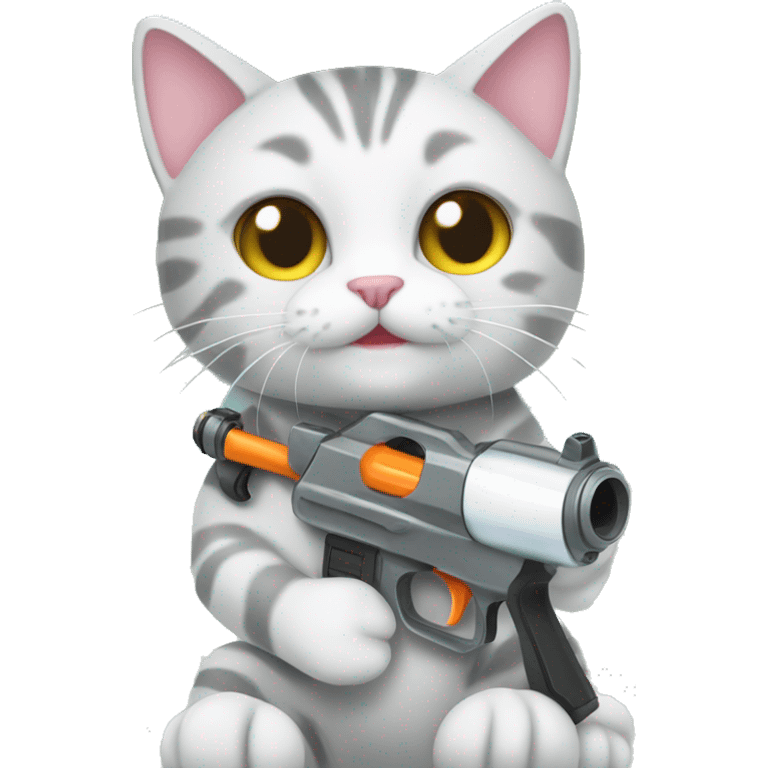 my white and grey tabby cat holding a water gun emoji