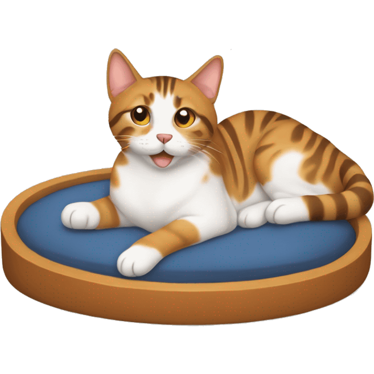 Tabby cat relaxing on dog bed emoji