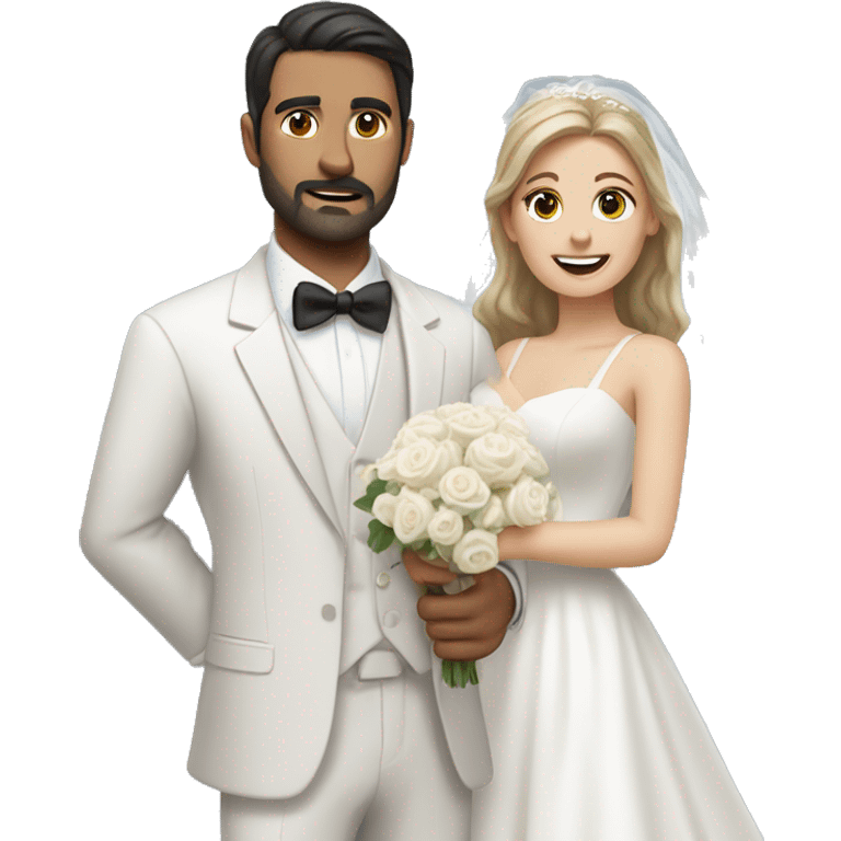 Realistic Dark haired man with dark facial hair in a suit holding a woman with light brown hair in a white wedding dress emoji