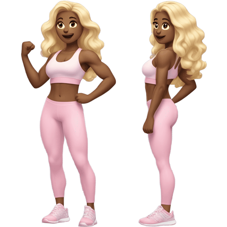 Woman, white skin, light skin, long hair, blonde hair, wavy hair, baby pink sports bra, baby pink leggings, flexing one arm up emoji