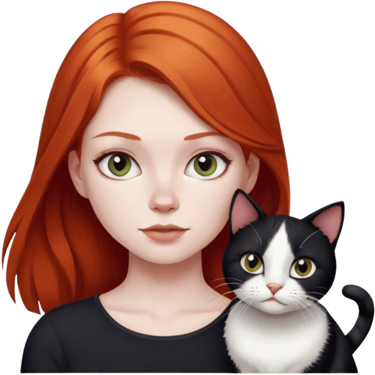 red headed girl with black and white cat  emoji