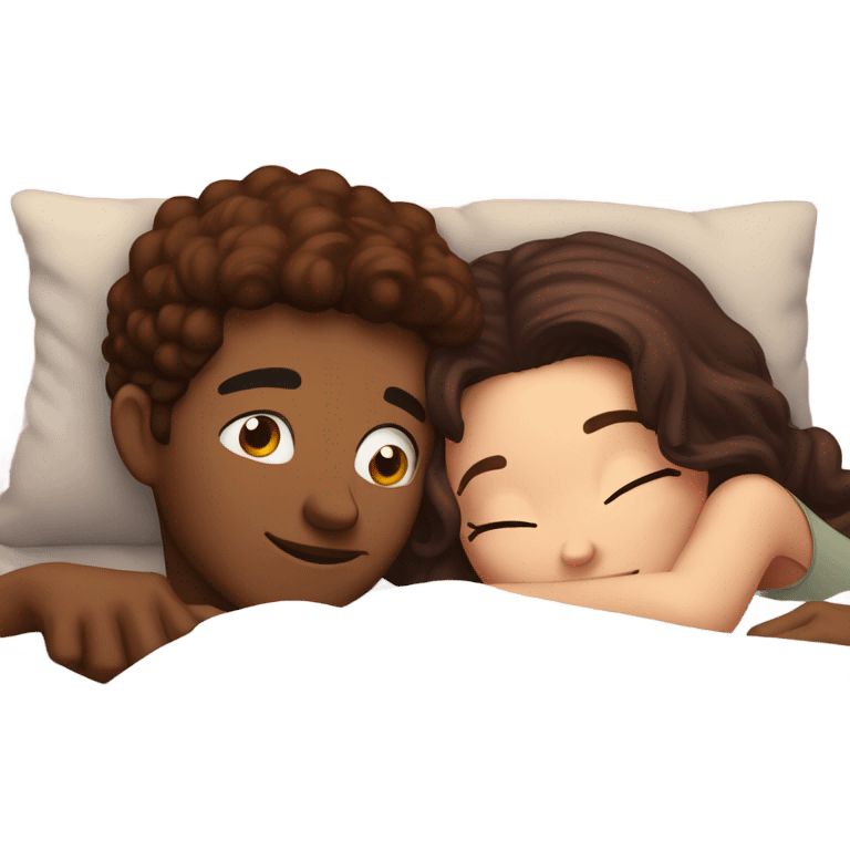 Burgundy haired girl and brunette boyfriend cuddling in bed emoji