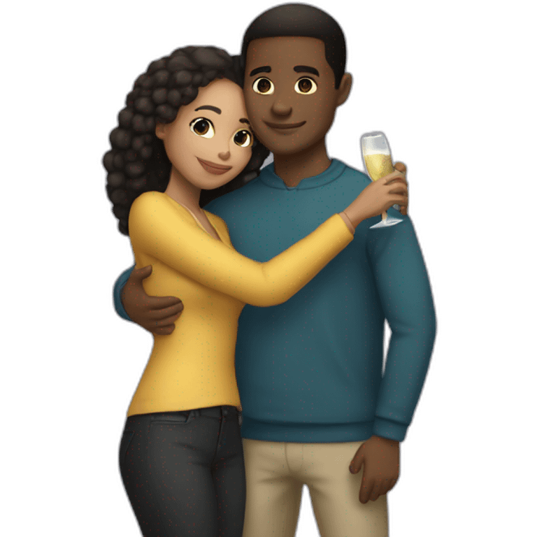 Tall lightskin man with champagne, hugging short darkskin woman emoji