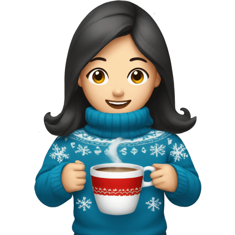 Asian girl drinking coffee wearing blue Christmas sweater emoji