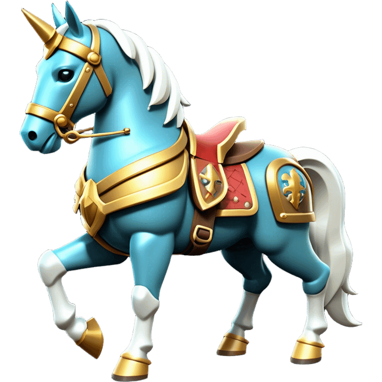 Clash of Clans aesthetic: Cinematic Playful Armored Horse Emoji, rendered in a 3D vector-style similar to standard emojis with minimal shading and bold, simplified shapes. A compact, isometric warhorse outfitted in intricately detailed armor with noble accents, softly glowing with a gallant medieval carriage charm. Simplified yet unmistakably iconic, highly detailed and consistent, glowing with a soft radiant shine and high polish. Stylized with a touch of heroic elegance and a soft glowing outline, capturing the essence of a noble steed ready for battle with a friendly, playful air! emoji