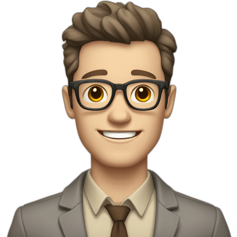 Joyful Pale skinned Fit Man With dark brown hair in gray jacket, beige office shirt, Brown pants and vintage glasses. His thrumbs up emoji