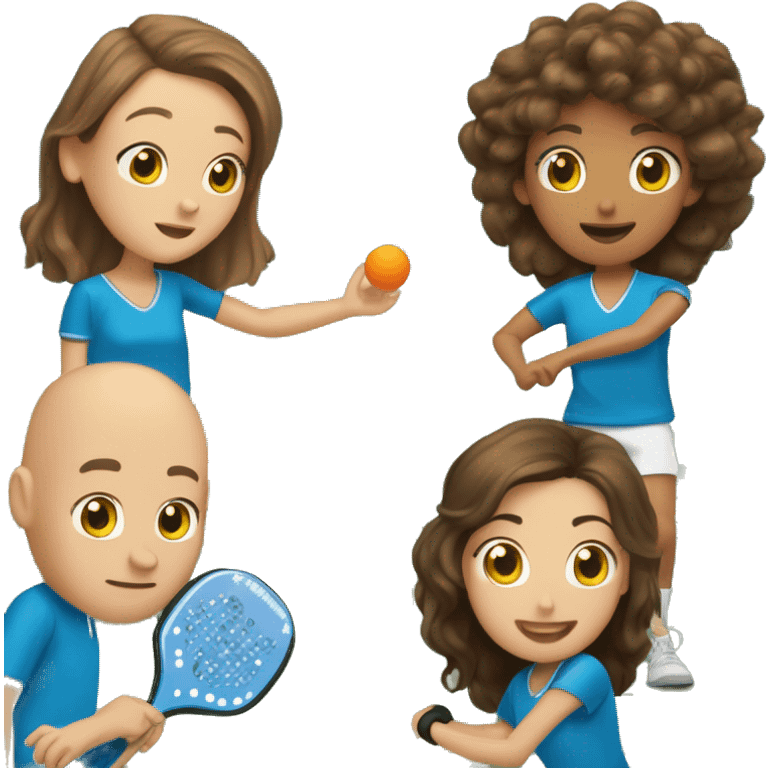 4 Caucasian people playing pickleball with 1 tall bald male, 1 shorter brown hair male, 1 girl with long brown hair, 1 girl  with brown hair emoji