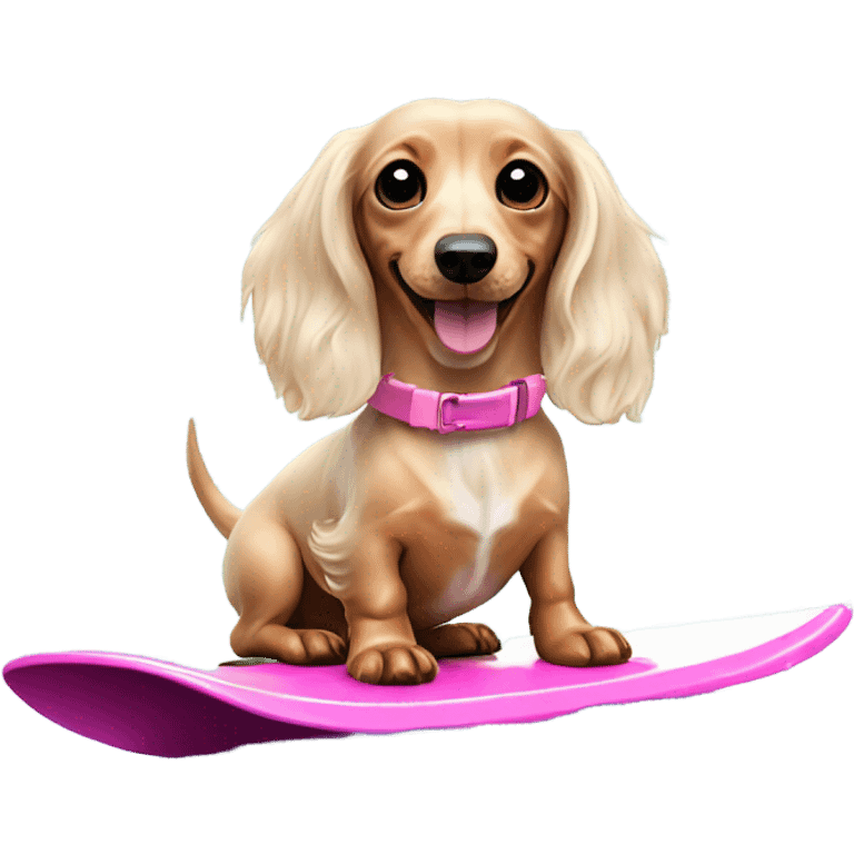 Long haired miniature dachshund cream colour with pink collar on waterskis emoji