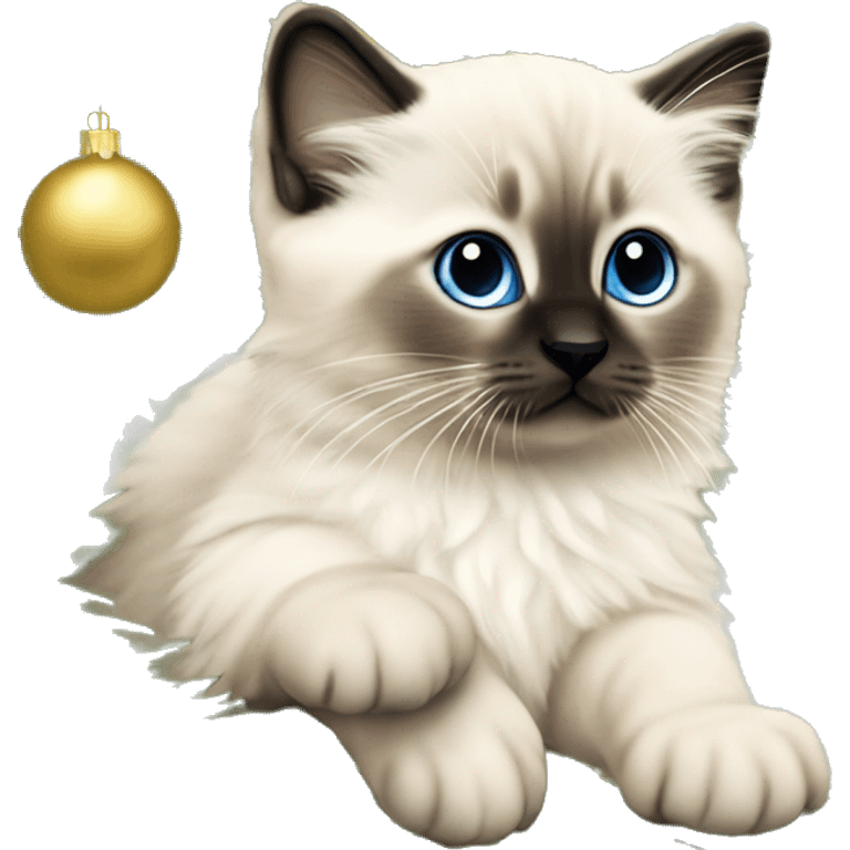 Seal colorpoint ragdoll kitten with dark nose climbing a Christmas tree emoji