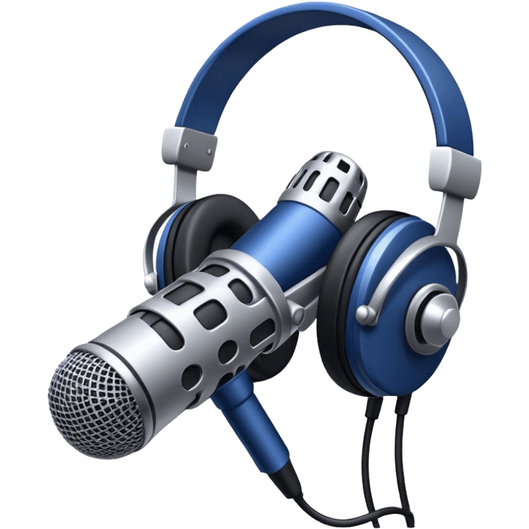 Create a sleek and professional emoji that represents voice acting and dubbing equipment. The design should feature a high-quality microphone, a sound mixer or audio interface, and headphones to symbolize the recording and technical process. Include elements like a soundproof booth or audio cables to reflect the studio environment. Use a modern, clean design with colors like silver, black, and dark blue to represent the professional side of voice acting. The background should be transparent. emoji