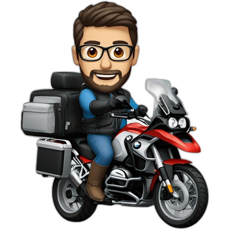 Francisco-Javier-Sans-Sánchez with beard and glasses, riding a BMW-R-1200-GS,waving emoji