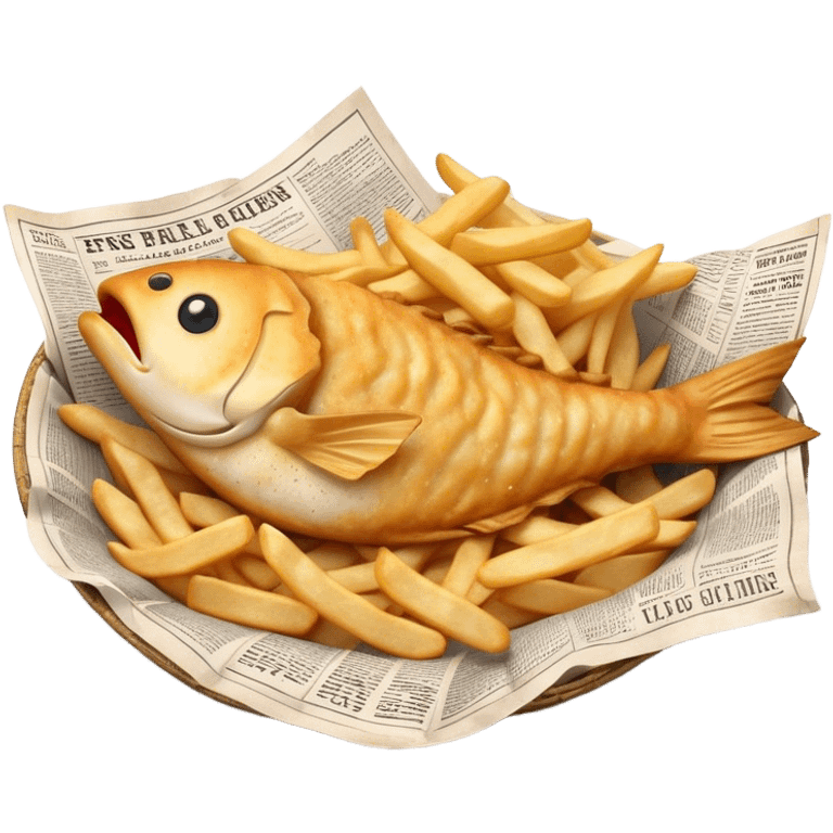 Cinematic Realistic Fish and Chips Dish Emoji, depicted with crispy golden battered fish and chunky hand‚Äêcut chips served in traditional newspaper wrapping, rendered with mouth‚Äêwatering texture and warm natural lighting that captures its quintessential British charm. emoji