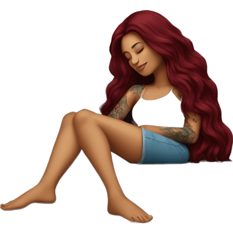 Beautiful tattooed burgundy long haired woman napping on sofa emoji