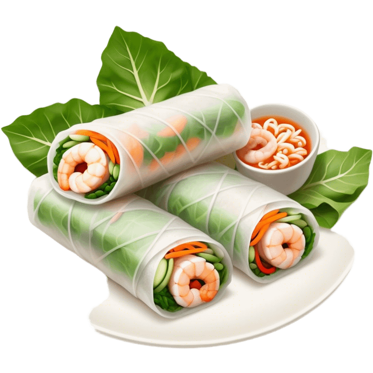 Cinematic Realistic Vietnamese Summer Rolls Dish Emoji, depicted with delicate rice paper wraps filled with fresh vegetables and shrimp rendered with crisp textures and refreshing lighting. emoji