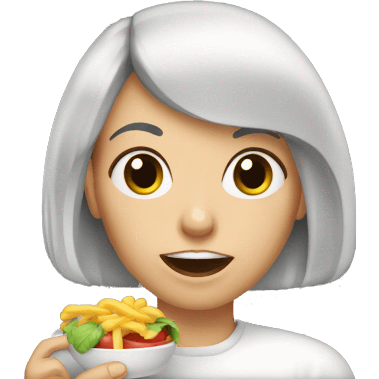 a black-haired white woman with bangs chewing food emoji