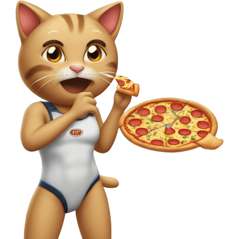 A cat eatin pizza and she gets dirty with pizza on her seeatsuit emoji