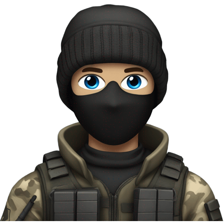 White male, call of duty black mask, camo tactical gear, combat boots, black beanie, blue eyes emoji