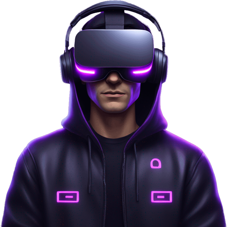 Russian man wearing a black hoodie with "OMG" letters on it and VR headset in a cyberpunk VR environment with violet neon lighting. emoji