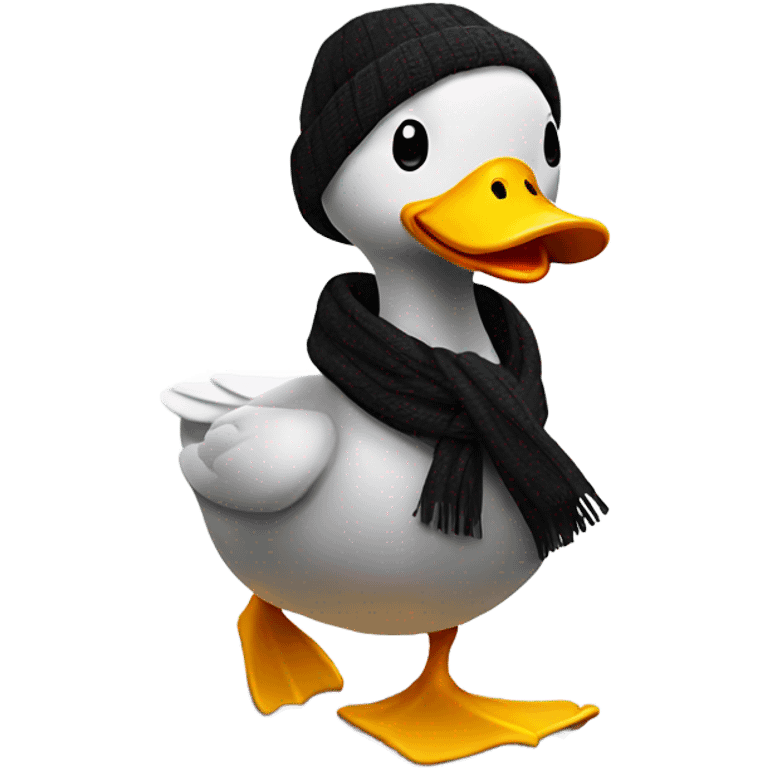 Happy duck that crossed the road and is black. Wearing a scarf emoji