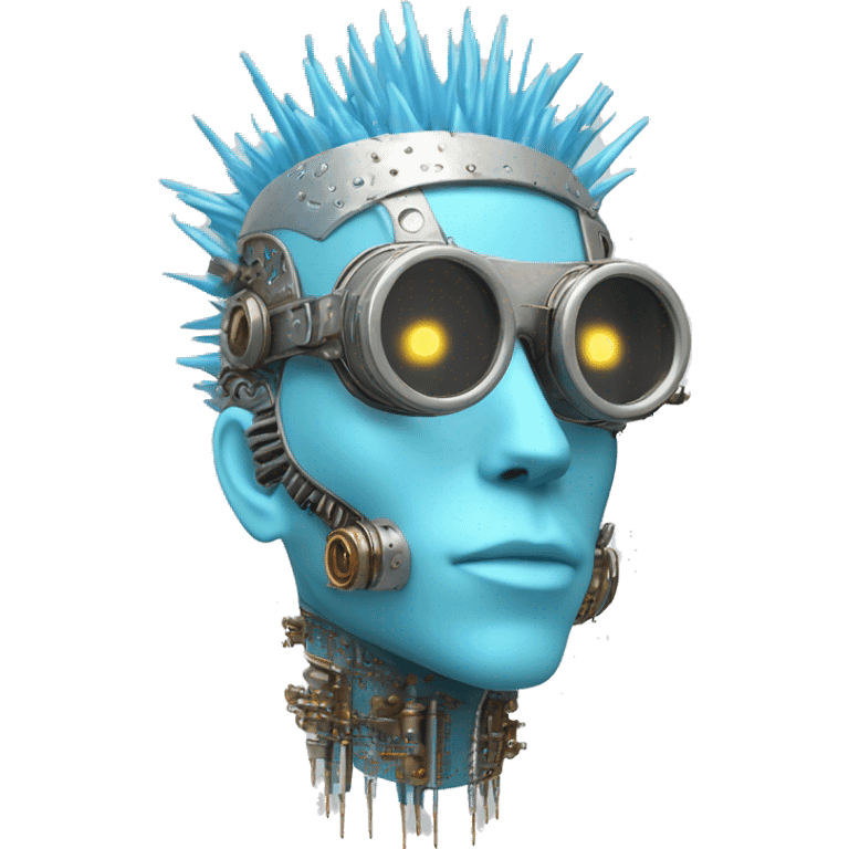 Pastel blue Mohawk cyborg head with silver steampunk goggles and circuits emoji