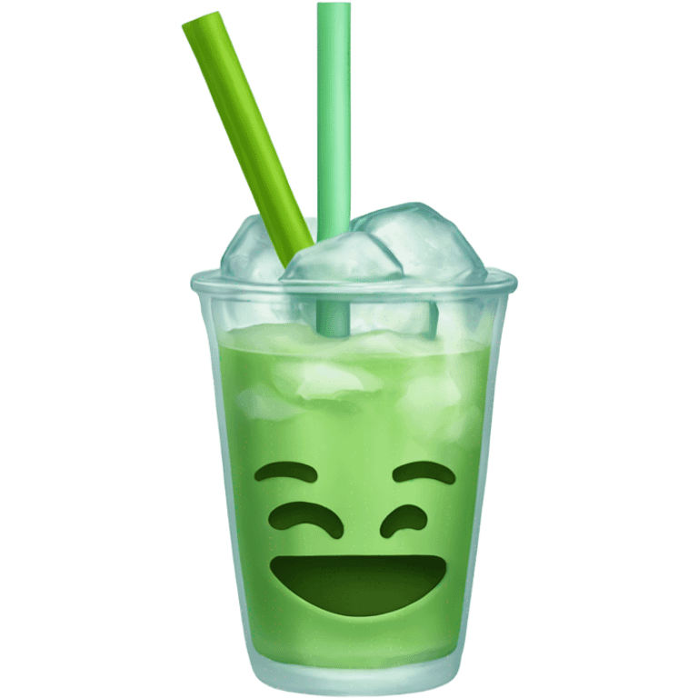 Clear glass cup about 12 ounce filled up with ice and Matcha, which is green and has a cute glass straw emoji