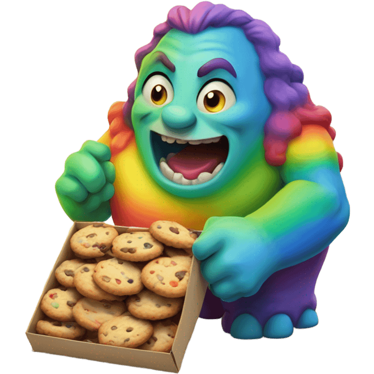 Giant rainbow ogre with sharp teeth eating a box of cookies with crumbs going everywhere emoji