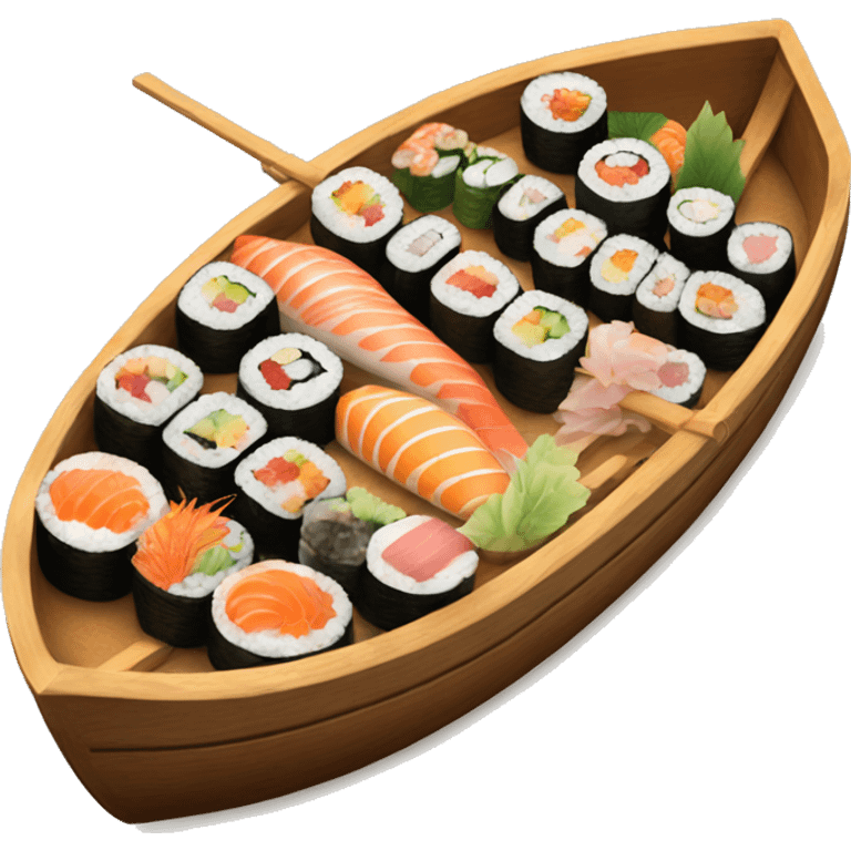 Wooden boat filled with sushi and sashimi emoji