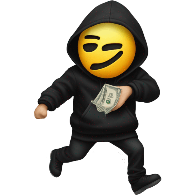 Thief wearing all black clothes actively stealing a money bag with the words Top Tier embroidered on it emoji