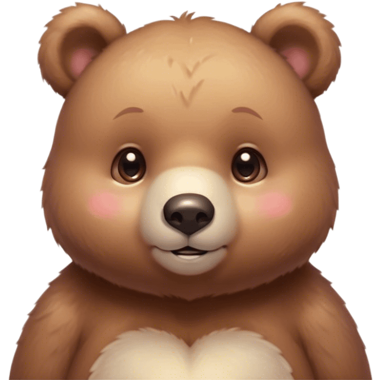 Cinematic cute soft bear, chubby round face, tiny ears, warm fuzzy fur, blushing cheeks, sparkling kind eyes, soft glowing background, heartwarming and huggable. emoji