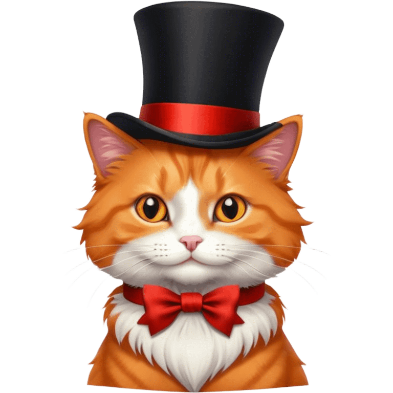 fluffy elegant orange cat with top hat black with red ribbon emoji