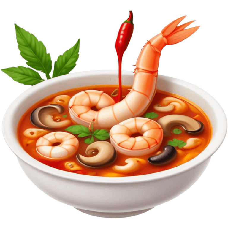 Cinematic Realistic Tom Yam Kung Soup Dish Emoji, showcasing a spicy, sour shrimp soup with herbs and mushrooms rendered with lifelike textures and bold, dynamic lighting. emoji