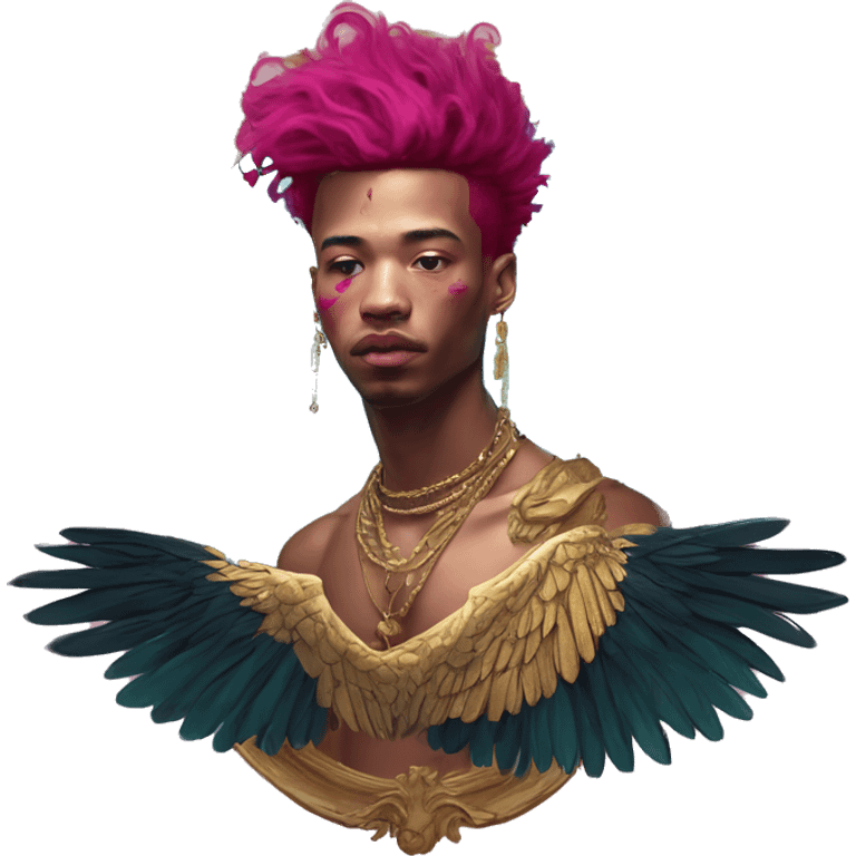 Vintage painting swirls gold jewellery baroque raven wings angel tropical Deep pink maroon burgundy cyan dark hoodie man vitiligo dyed hair gold piercings nose piercing ear piercings emoji