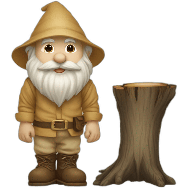 side view of gnome with light tan pants and light tan boots squatting above small brown log emoji