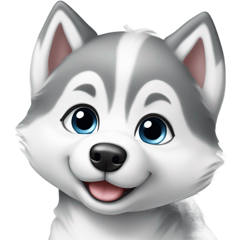 kawaii style, white and grey baby siberian husky in love emoji