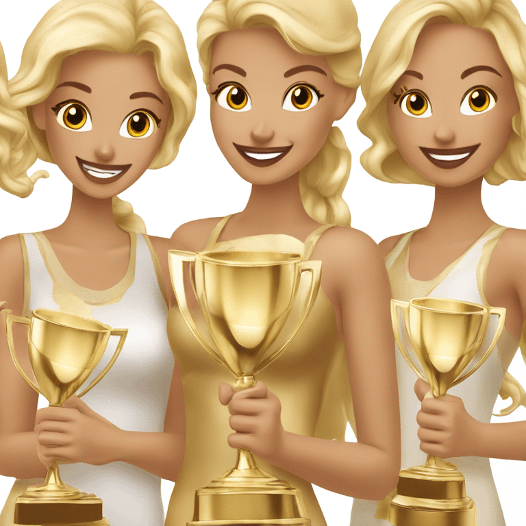 Six beautiful and elegant blonde and Latina models celebrating with 1 huge gold trophy emoji