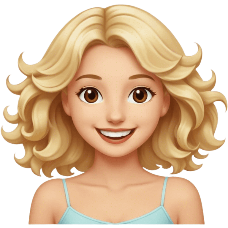 Pretty blonde model, brown eyes, soft wavy hair, super excited and happy dance emoji