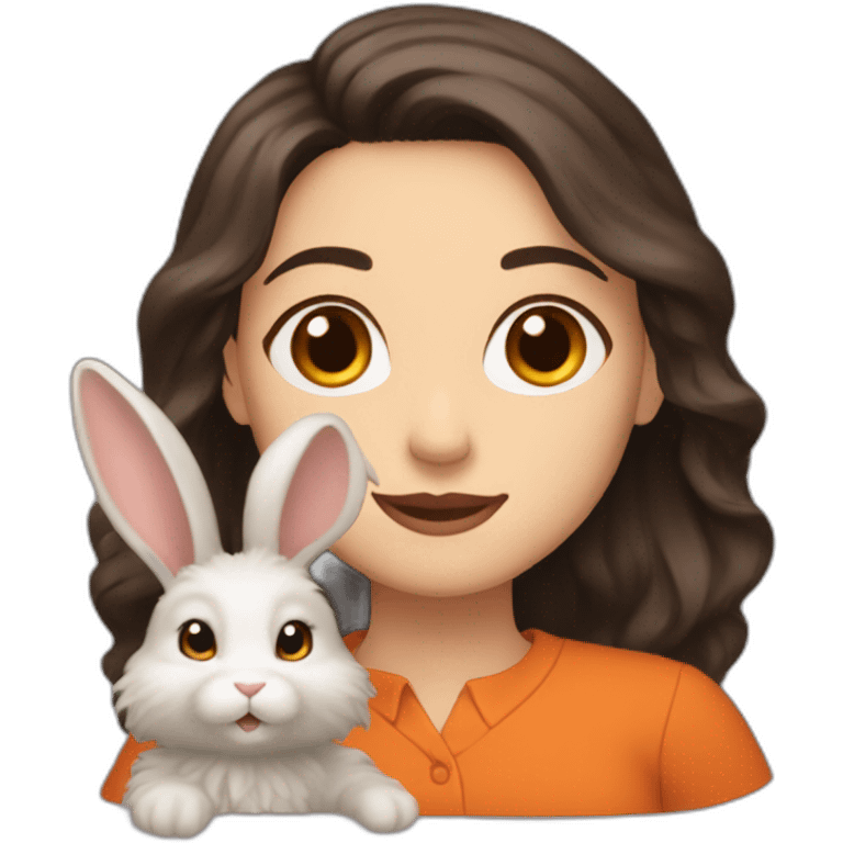 white woman with brown eyes and long wavy black hair in a brown blouse is holding orange and very fluffy rabbit emoji