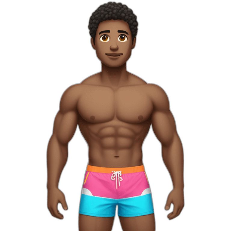 man with full athletic body in swim trunks, light skin and dark combed hair doing a pose emoji