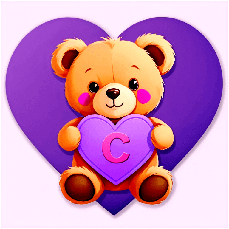 teddy bear holding a lilac heart with the a pink letter C inside the heart emoji