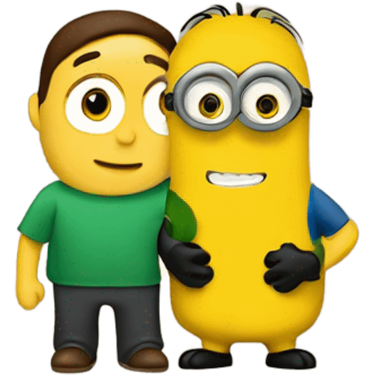 men, brown eyes holding between his arms a minion with green eyes emoji