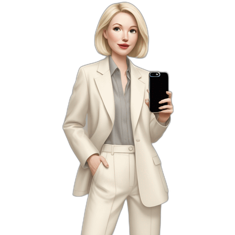 pale skin woman with ash blonde Straightened bob Hair, White Spacious classical jacket, beige palazzo Arrow pants and gray blouse holding white IPhone 15 pro in the hands emoji