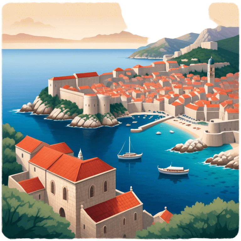 Cinematic Realistic aerial view of the historic city of Dubrovnik, showcasing its iconic red-roofed architecture, fortified walls, and sparkling Adriatic coastline, rendered with rich textures and warm Mediterranean lighting that captures its old-world charm. emoji