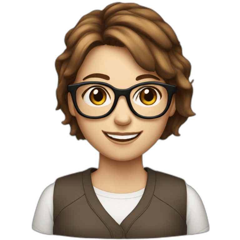 White girl with short brown hair and glasses smilling emoji