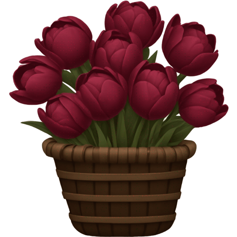 a black basket of flowers consisting of dark red peonies in shades of burgundy and  five tulips in shades of red emoji