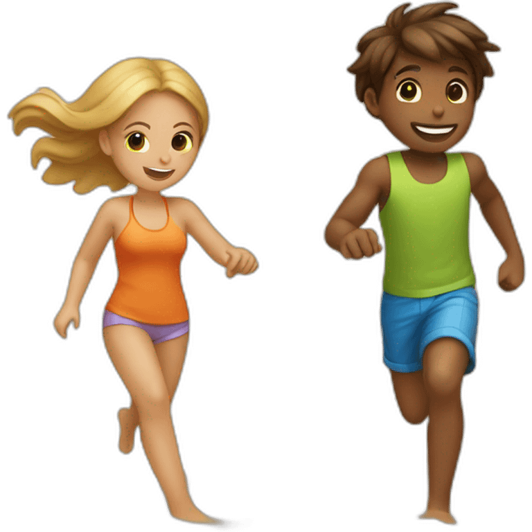 girl & boy playing tag on the beach emoji