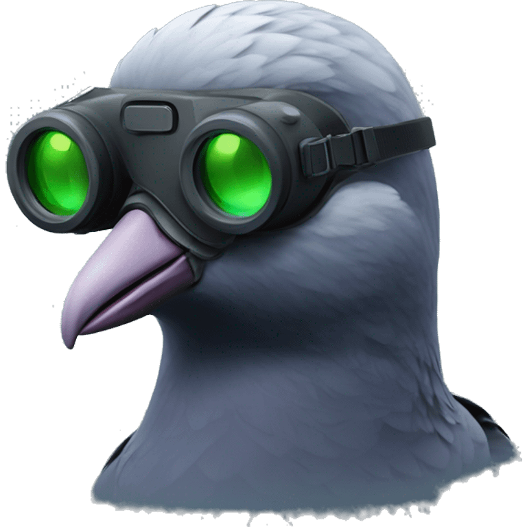 pidgeon wearing night vision goggles, close up, fill image emoji