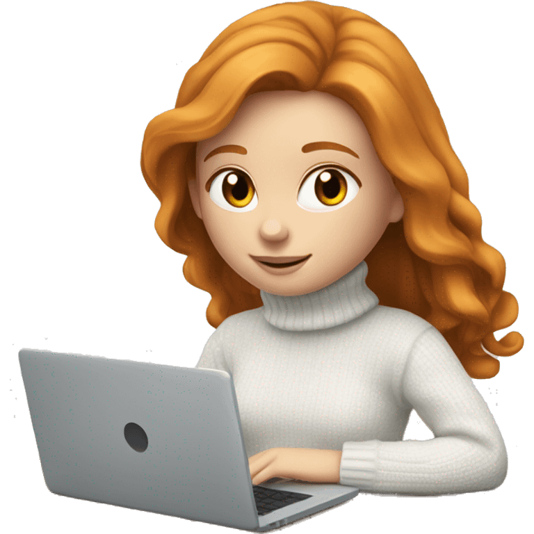 ginger girl with long hair and blue eyes in turtle neck white sweater working on a laptop emoji