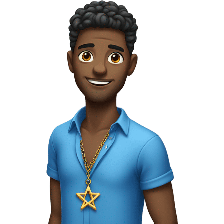 male model in blue shirt with Jewish star necklace emoji