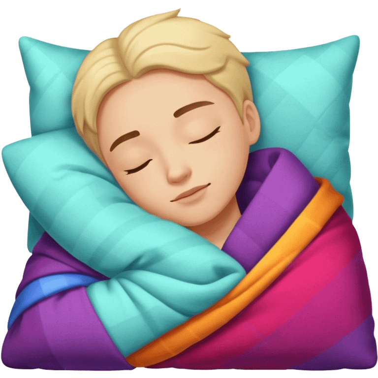 A sleeping person with a colorful pillow and cozy blanket emoji